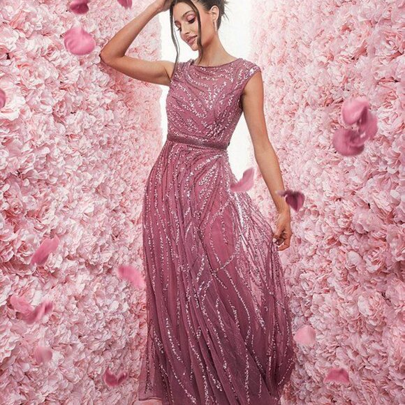 MAC DUGGAL 5445 CAP SLEEVE EMBELLISHED EVENING PLUM MULTI GOWN sz 8 - Picture 7 of 7